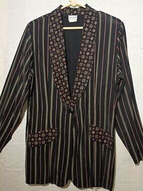 Vintage Women's Black Striped Blazer with Paisley Patterned Trim, Oversized  12